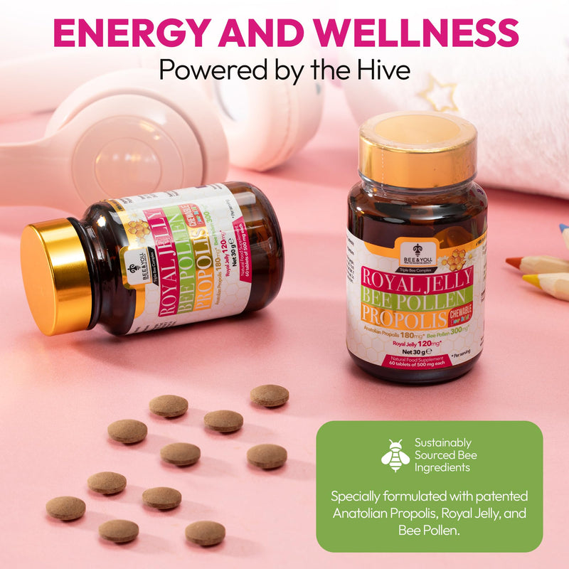Bee and You Chewable Royal Jelly Tablets with Propolis Extract, Bee Pollen, Vitamins and Minerals, Daily Immune and Energy Support, Gluten Free, for Kids and Adults, 60 Count