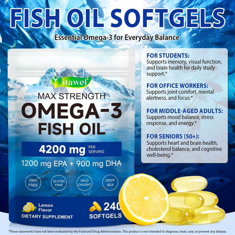 Omega 3 Fish Oil Supplements,4200mg Per Serving| EPA 1200mg + DHA 900mg | Lemon Flavored | 240 Softgels |Non-GMO, Gluten-Free, No Aftertaste