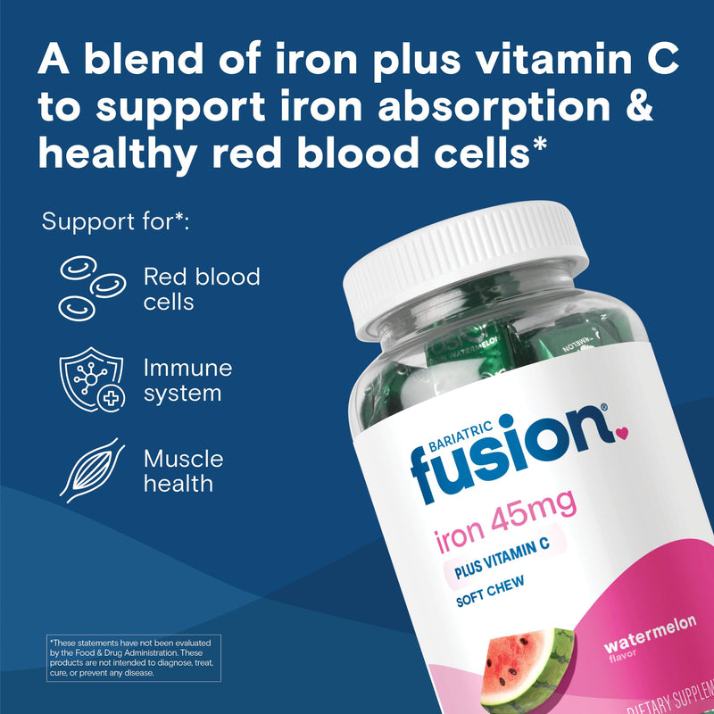 [Australia] - Bariatric Fusion Iron Supplement for Women Anemia | Chewable Iron with Vitamin C | Watermelon Flavored Soft Chew | Gentle on Stomach Ferrous Fumarate for Women and Men | Gluten Free | 60 Count 