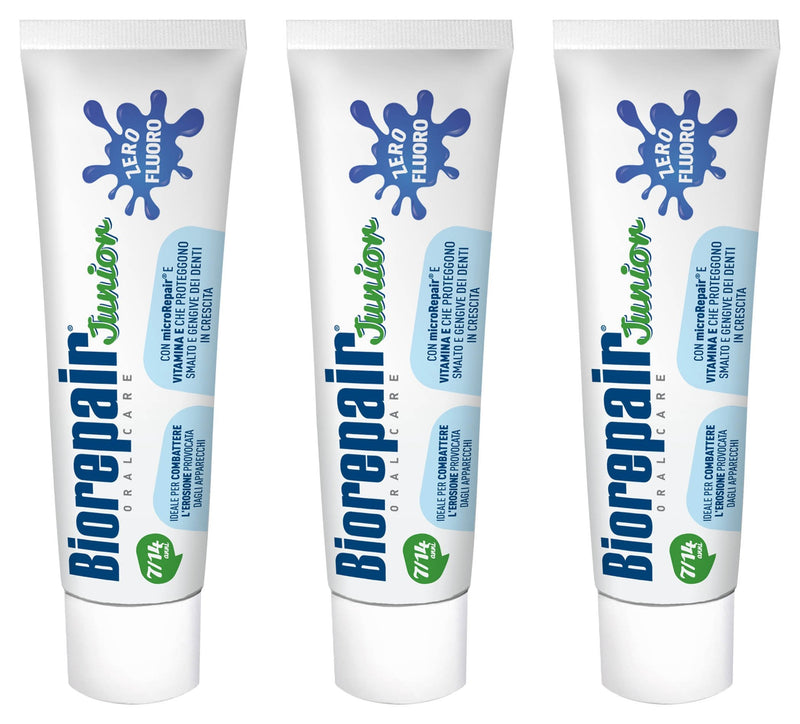 Biorepair: Oral Care Junior 7-14 Years Toothpaste, Fluoride Free, with Mint Extract - 2.53 Fluid Ounces (75ml) Tubes (Pack of 3) [ Italian Import ]