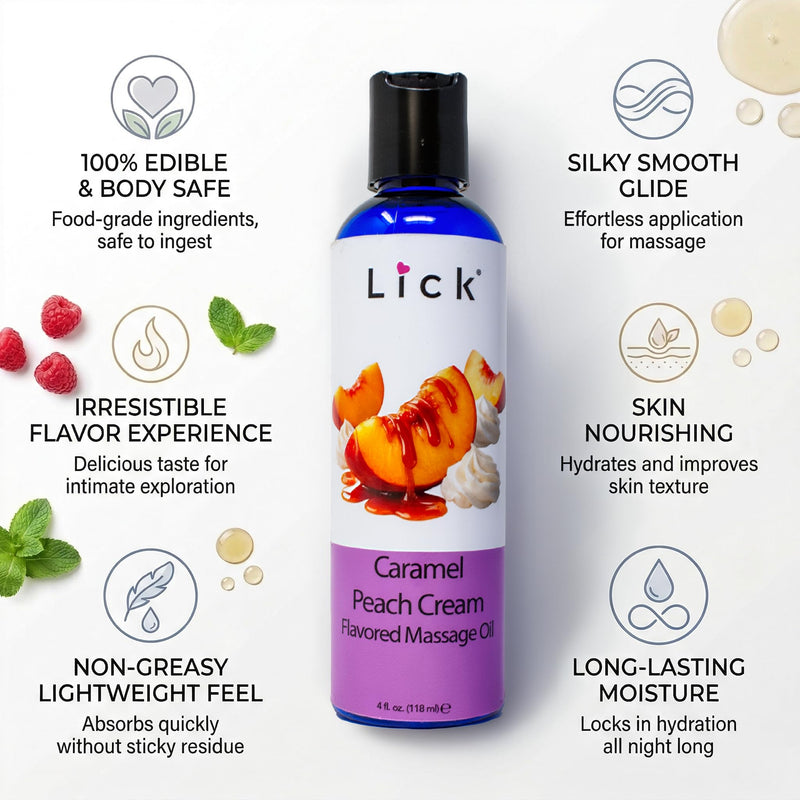 Caramel Peach Cream Flavored Massage Oil – Tropical Edible Massage Oil with Sweet Almond Oil & Vitamin E, Hydrating Body-Safe Formula for Relaxing Couples Massage, 4 oz