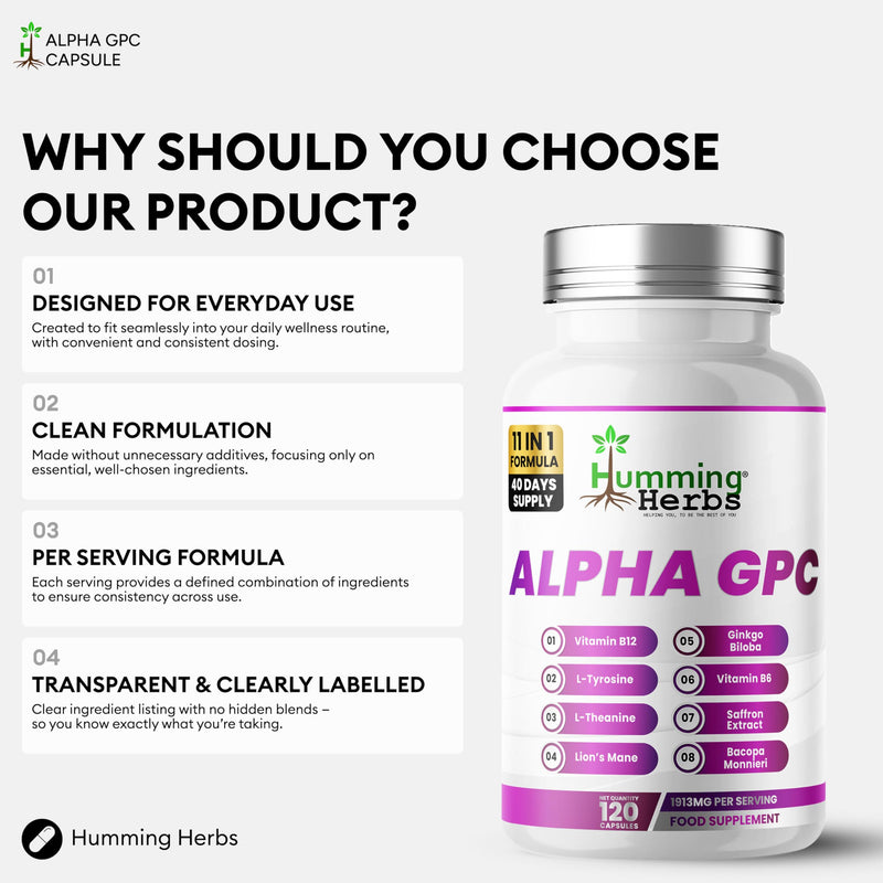 Humming Herbs Alpha GPC Complex 11-in-1 – Alpha-GPC, Lion’s Mane, Bacopa, L-Tyrosine, L-Theanine, Phosphatidylserine, Saffron, Vitamins B5 B6 B12 – 120 Vegan Capsules | 40 Day Supply