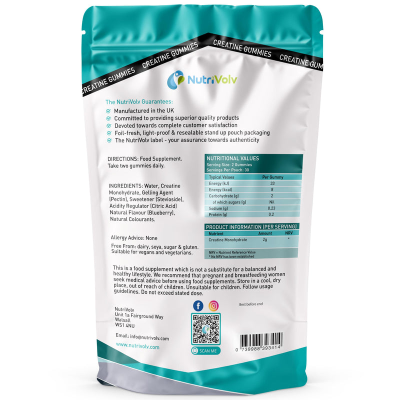 Creatine Monohydrate Gummies | 60 Count | Blueberry Flavour | Muscle Growth & Recovery | Supplements for Men & Women | Vegan Friendly | Gym Pre Workout Chewable Gummies | 1 Month Supply | by NutriVolv