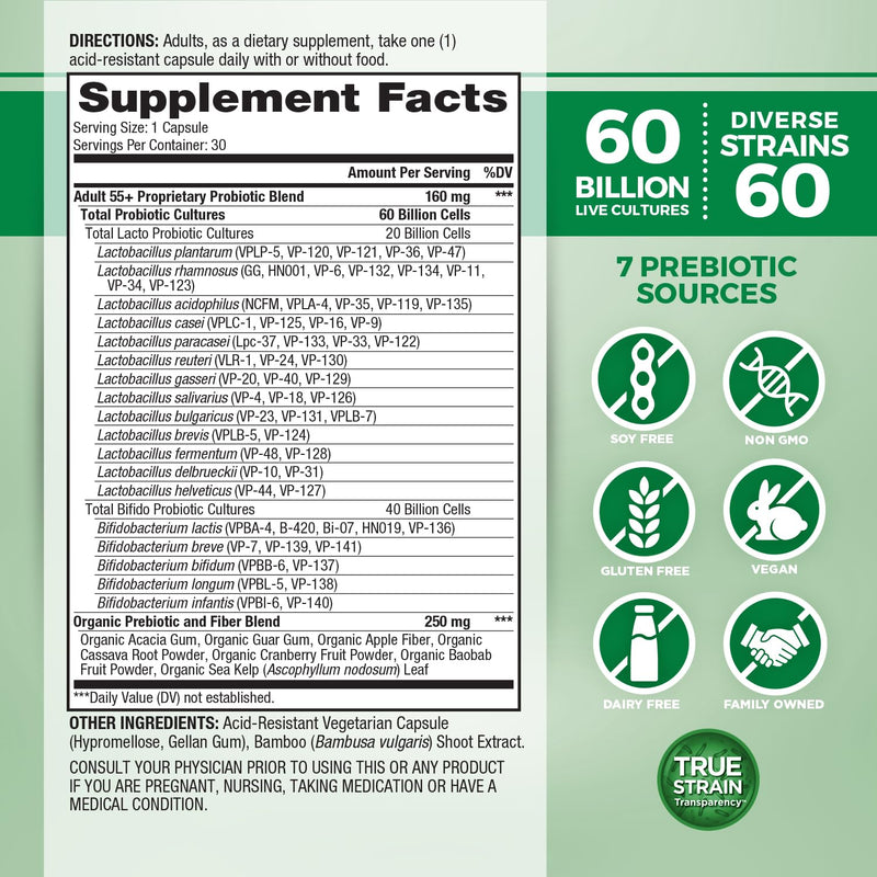 Vital Planet - Vital Flora Adults Over 50 Daily Probiotic 60 Billion CFU, 60 Diverse Strains, 7 Organic Prebiotics, Immune Support, Gas, Digestive Health Probiotics for Women and Men, 30 Capsules
