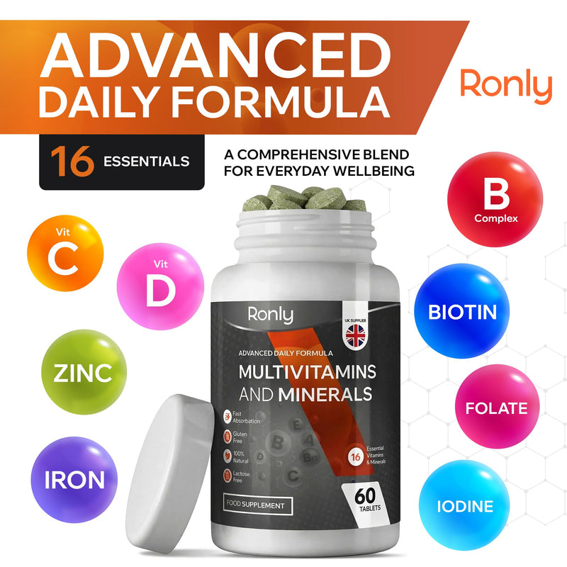 Ronly Multivitamins & Minerals Tablets — One A Day Advanced Daily Formula | 16 Essential Vitamins & Minerals | Immune & Energy Support | Vegan, Gluten Free & Lactose Free | No GMO