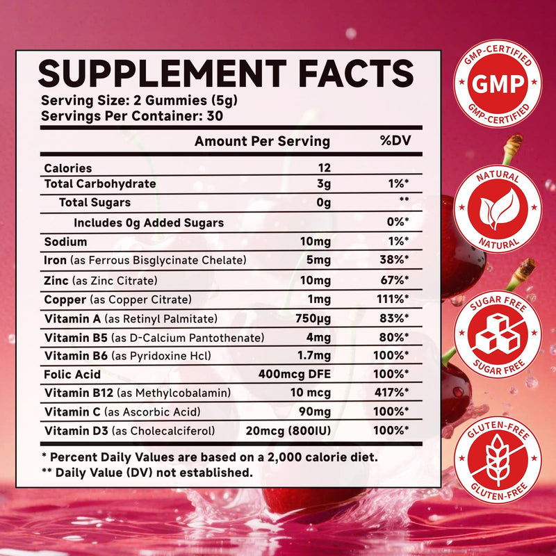 Iron, Zinc, Copper Supplements for Women & Men, Mineral Gummies with Vitamin A, B5, B6, C, D3, B12 for Adults & Kids, Promote Energy, Support Immunity, Bone Health, Sugar Free, Cherry Flavor, 60 Count 60 Count (Pack of 1)