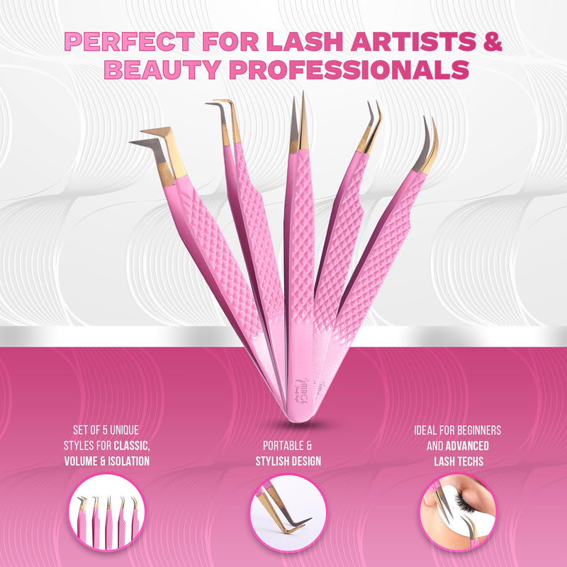 5 Pcs Fiber-Tip Japanese Steel Lash Tweezer Set with Leather Case, Professional Eyelash Tweezers for Lash Extensions – Titanium Coated, 90 & 45 Angled, Precision Pointed Tweezers (PINK) Pink