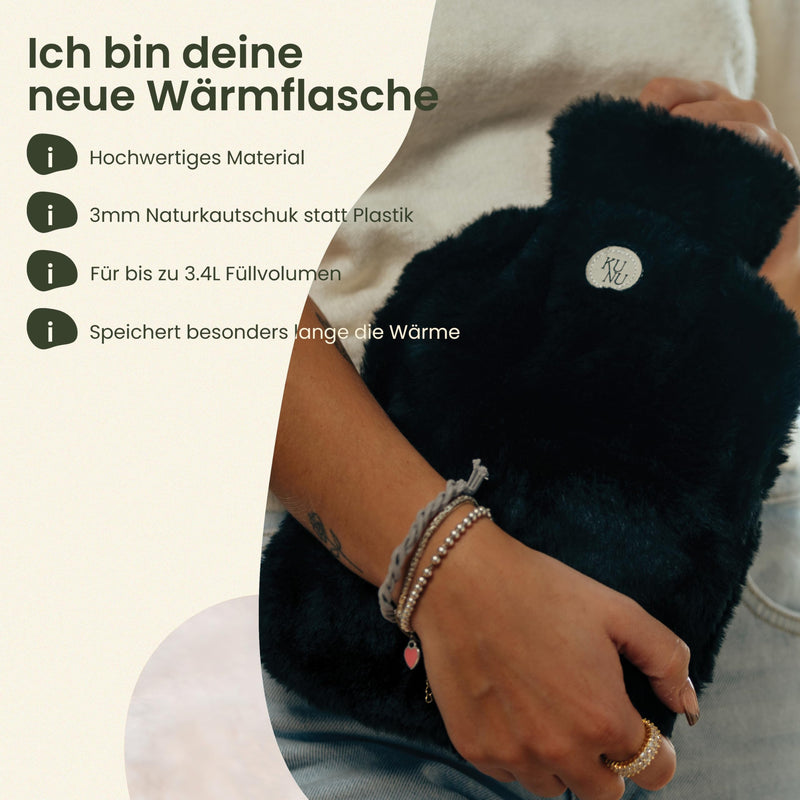 [Australia] - KUNU® the special XXL hot water bottle - 3.4l - incl. gift packaging - with extra cover - irresistibly fluffy - perfect for adults and children - leak-proof and tested Fluffy Black 