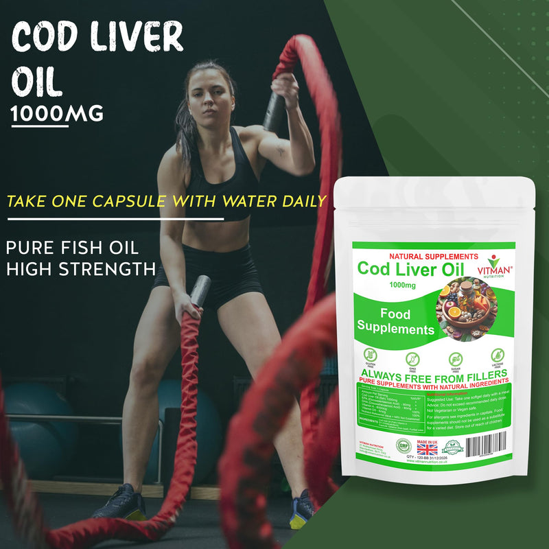 Cod Liver Oil 1000mg 60 Softgels - High Strength Omega-3 EPA & DHA - Pure Fish Oil with Vitamins A & D - Supports Heart, Brain, Vision & Immune Health - Gluten & Additive-Free
