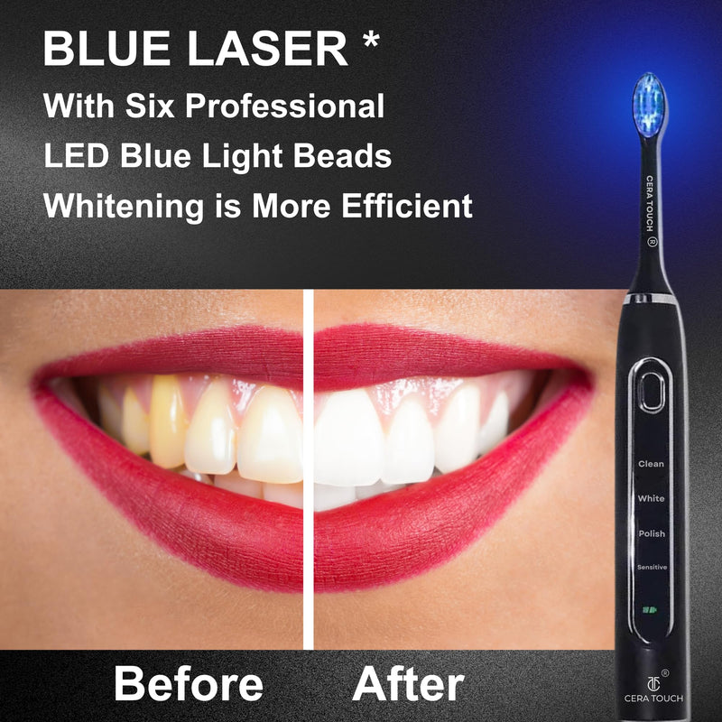 [Australia] - CERA TOUCH 6 Blue LED Whitening Electric Toothbrush| Electric Toothbrush for Adults | 4 Modes With Smart Timer Plaque Removal & Memory Function | 2Heads | IPX7 Waterproof |Travel Case |WirelessCharger 