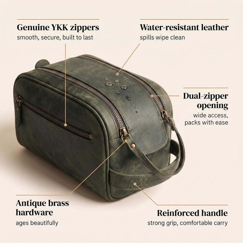 LEATHER VILLAGE Leather Toiletry Bag for Men, Travel Dopp Kit Shaving Bag | Full grain buffalo leather, water-resistant lining, 10x6x6 in, YKK zippers, side handle, travel shaving & grooming kit -Olive Olive