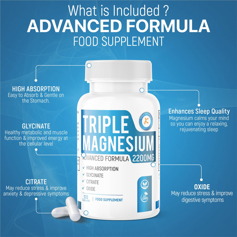 Triple Magnesium Complex 2200mg - Glycinate Citrate Oxide - 3 in 1 Powerful Supplement - 120 Capsules - Vegan