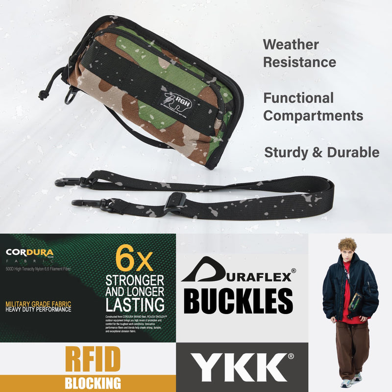 Rough Enough RFID Passport Holder, Travel Wallet with Shoulder Strap, Camo | Weather-Resistant Cordura, RFID Blocking, Fits 2 Passports & Cards, Lightweight for Business & Family Trips