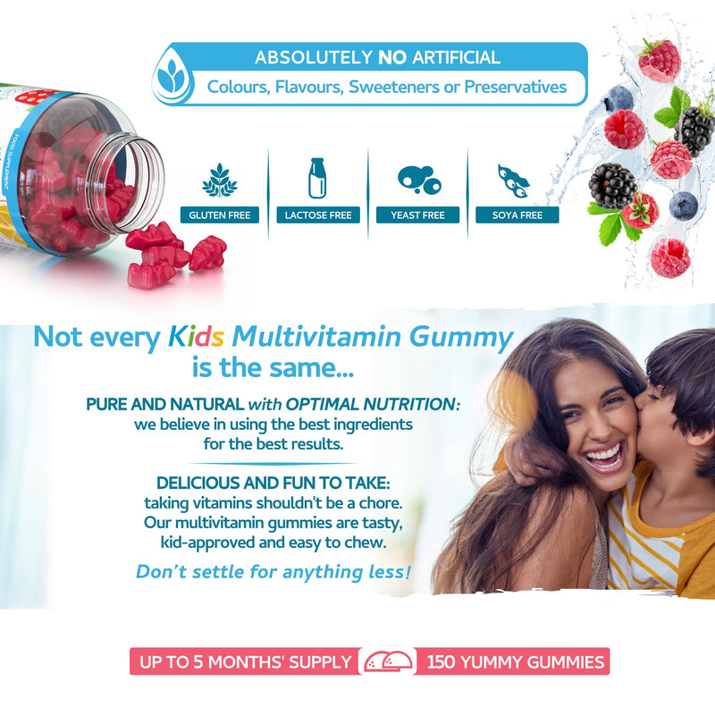 Kids/Childrens Vitamins - 150 Multivitamin & Minerals Gummies - Natural Berry Flavour Packed with Essential Nutrients - Vegan & Free of Artificial Sweeteners – 5 Months Supply – UK Made 150 Gummies