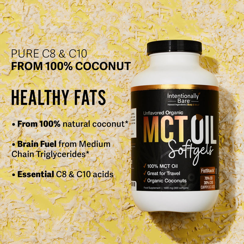 [Australia] - Intentionally Bare Organic MCT Oil Capsules - 70% C8 MCT Oil & 30% C10 MCT Capsules Unflavored for Keto Low Carb and Paleo Diet - Coconut C8 & C10 for Energy Mood & Focus - Non-GMO 300 Soft Gels 