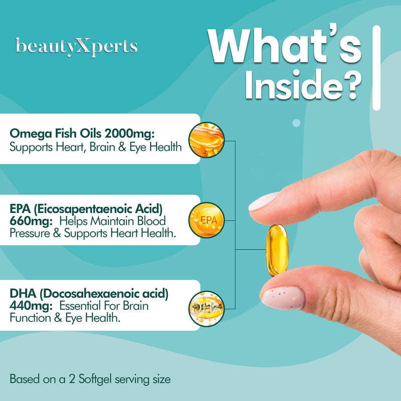 Omega 3 Fish Oil Capsules High Strength Supplement 2000mg | EPA 660mg, DHA 440mg | 60 Soft Gels (not Gummies/Tablets) | UK Made & Tested 60 count (Pack of 1)