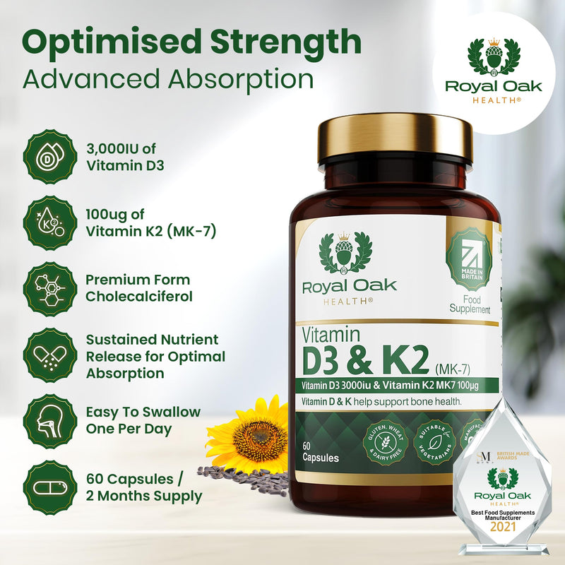 Vitamin D3 K2 High Strength MK7 Supplement (Vitamin D 3000 IU + 100mcg Vitamin K2 (MK7), Easy to Swallow Vitamin D3 and K2 Vitamin Capsules… (60 Capsules)