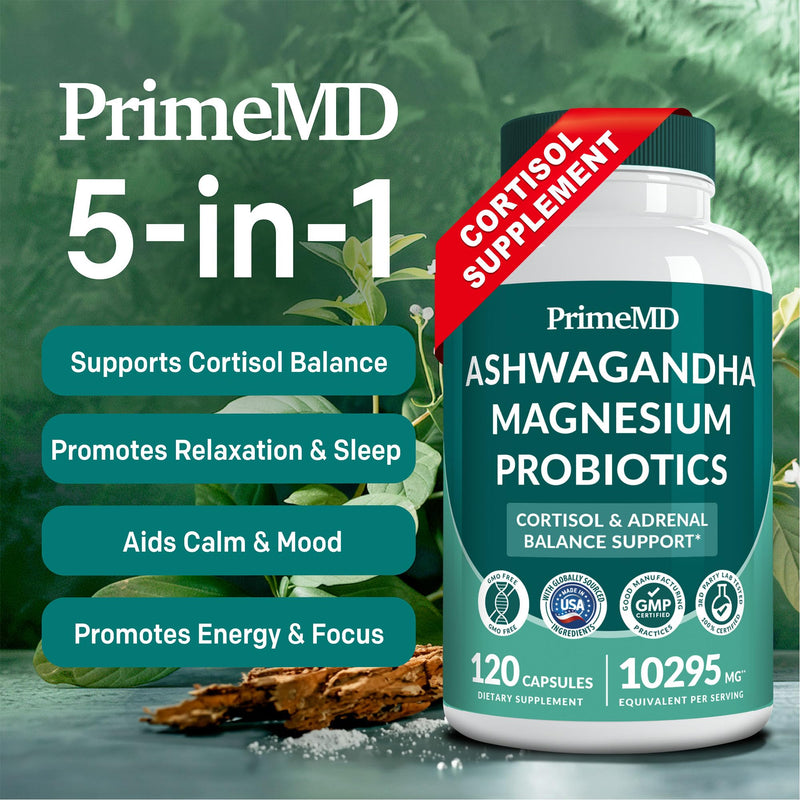 [Australia] - 5-in-1 Cortisol Supplement for Women and Men with Ashwagandha for Calmness, Focus, and Adrenal Support Supplements with Shilajit Extract, Magnesium Glycinate, Probiotics (120 ct) (Pack of 1) 120 Count (Pack of 1) 