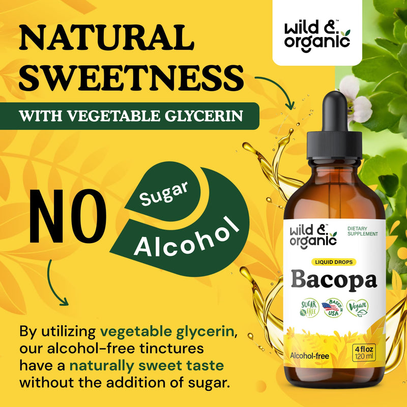 [Australia] - Wild & Organic Bacopa Liquid Drops - Herbal Tincture for Brain Support - Vegan Supplements with Bacopa Monnieri Extract Liquid - 5-Month Supply - Sugar & Alcohol-Free - 4 fl oz 4 Fl Oz (Pack of 1) 