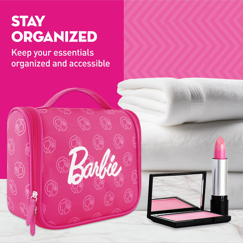 Concept One Barbie Women's Makeup Bag, Small Travel Cosmetic Zipper Pouch Organizer with Logo, Pink | Small Travel Cosmetic Zipper Pouch Organizer with Logo