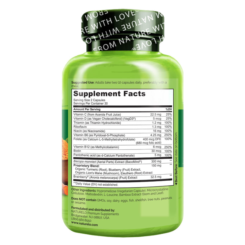 NATURELO Whole Food Brain Supplement for Focus Support, 60 Capsules | Memory and focus supplements, for adults, vegetarian capsules, cognitive health supplement, high potency Aronia berry extract 60 Count (Pack of 1)