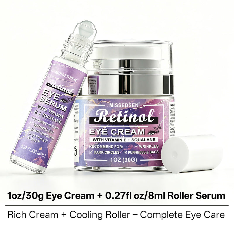 Retinol Eye Cream & Roller Serum Set, 1OZ & 0.27OZ | Retinol, Vitamin E, Squalane, Hyaluronic Acid, For Dark Circles, Eye Bags & Fine Lines