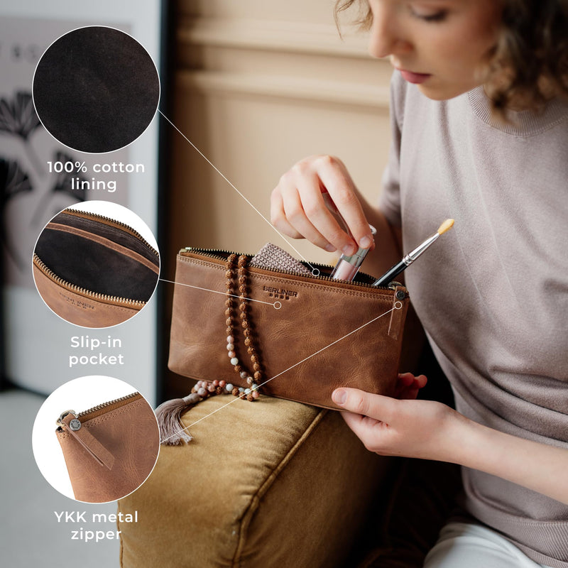 BERLINER BAGS Vintage Genuine Leather Makeup Bag For Women Anna S- Brown | Soft Leather Makeup Bag For Purse, Travel Cosmetics Pouch, YKK Metal Zipper, Slip-in Pocket Camel
