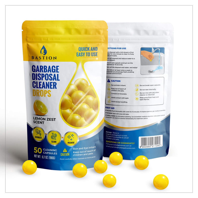 [Australia] - Garbage Disposal Cleaner and Deodorizer Drops- [[50-Count]] Lemon Zest Scented Kitchen Sink Freshener Pods & Drain Odor Eliminator Disposer Care Balls by Bastion 
