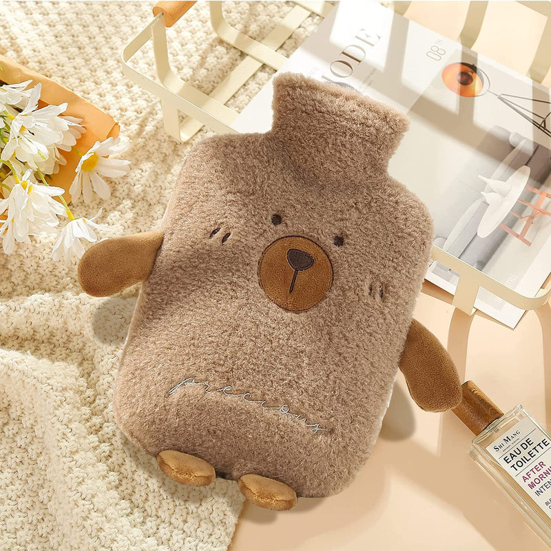 [Australia] - Hot Water Bottle with Cover, 1L Hot Water Bottle Brown Bear, with Fluffy Cashmere Soft Cover, Removable & Washable, Animal Hot Water Bottles for Children Adults, Hot Water Bottle Bear - Brown 
