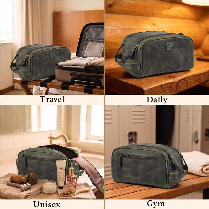 LEATHER VILLAGE Leather Toiletry Bag for Men, Travel Dopp Kit Shaving Bag | Full grain buffalo leather, water-resistant lining, 10x6x6 in, YKK zippers, side handle, travel shaving & grooming kit -Olive Olive