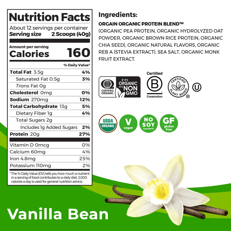 [Australia] - Orgain Organic Vegan Protein Powder + Oat Milk, Vanilla Bean - 20g Plant Based Protein, Gluten Free, No Dairy, Soy or Lactose Ingredients, Low Sugar, Non-GMO, Kosher, For Shakes & Smoothies - 1.05lb 12 Servings (Pack of 1) 