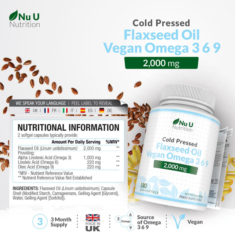 Nu U Nutrition - Flaxseed Oil Capsules 2000mg - 180 Vegan Softgels - Rich Source of Vegan Omega 3 6 9 - Cold Pressed - 3 Month Supply - Made in the UK