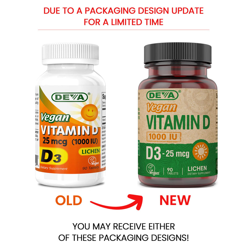 DEVA Vegan Vitamin D3 Supplement - Once-Per-Day Tablet with 1000 IU - Cholecalciferol - Lichen Plant Derived - 90 Small Tablets, 2-Pack 90 Count (Pack of 2)