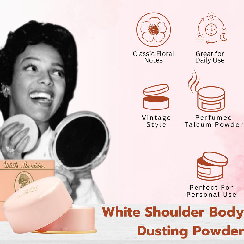 White Shoulders by Evyan for Women Bath Powder 2.6 Oz | Scented body powder, dusting powder, luxury body care, silky finish, feminine skincare, beauty gift for women