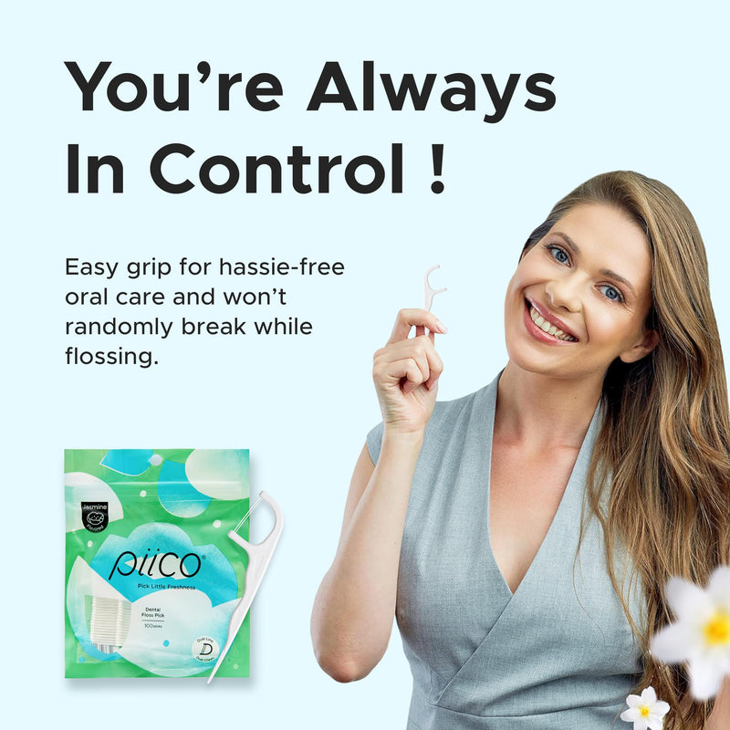 [Australia] - Piico Xylitol Floss Picks, 100 Count - Unbreakable, Shred-Resistant, Resealable, Unique Flavored Dental Flossers for Adults, Portable (Jasmine) Jasmine 