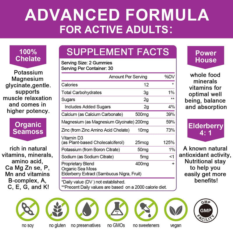 [Australia] - Calcium Magnesium Zinc Gummies with High Absorption Magnesium Glycinate 200mg, Potassium -Plant Calcium Supplement w/ D3 & Sea Moss for Bone, Muscles, Calm Mood & Sleep Support*-Kids & adults (2 Pack) 60 Count (Pack of 2) 