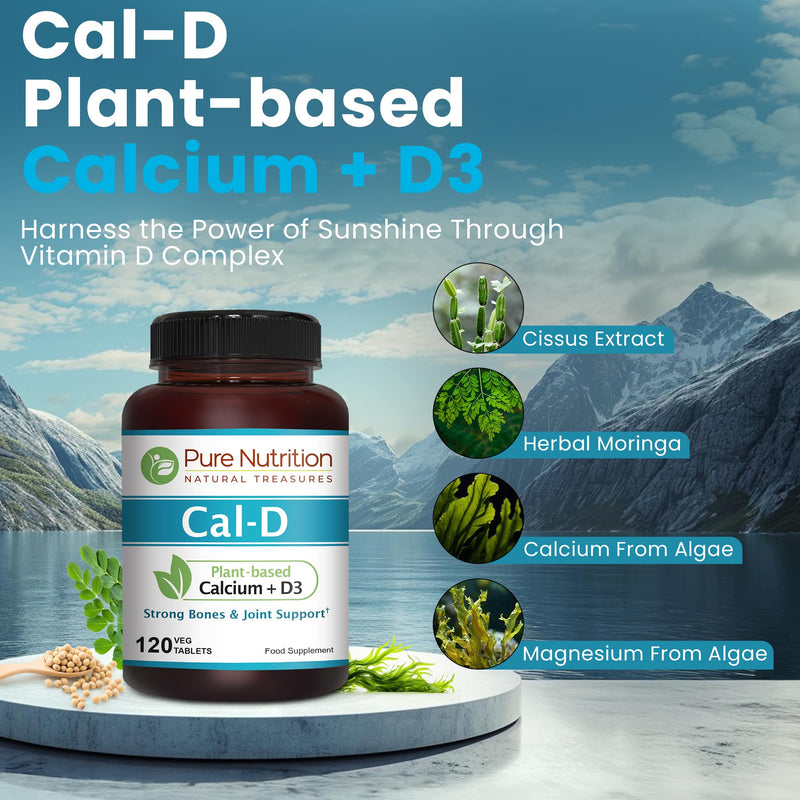 Pure Nutrition Cal D - Plant Based Calcium with VIT D3 K2 & Magnesium | 120 Tabs | 1000mg Vegan Calcium per Serving | Supplement for Bone Health