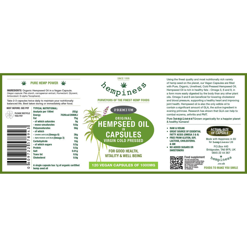 Organic Hemp Seed Oil Vegan Capsules 1000mg - 120 Softgel Capsules with Organic Cold-Pressed Hemp Seed Oil - Omega 3,6,9 - Since 1998 1