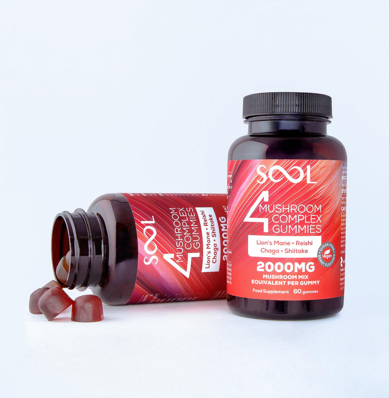 SOOL 4 Mushroom Complex Gummies 2000mg, 60pcs, Berry Flavour: Chaga, Reishi, Shiitake, Lions Mane Supplement | Nootropics Gummies High Strength | Memory & Focus, Energy, Immunity Booster Supplement 60 count (Pack of 1)