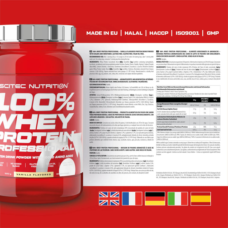 [Australia] - Scitec Nutrition 100% Whey Protein Professional - Enriched with additional amino acids and digestive enzymes - Gluten free - Palm oil free, 920 g, vanilla 30 servings (pack of 1) 