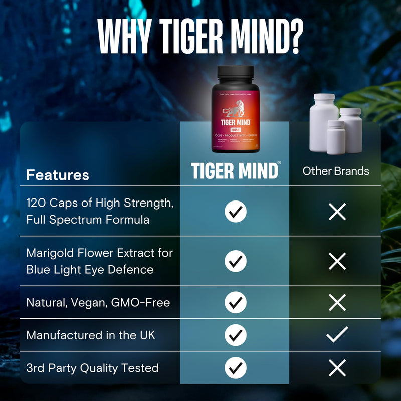 Tiger Mind Rush Nootropics Brain Supplement with Vitamins B12, B6, Folic Acid (B9), Lion's Mane, Ginkgo Biloba & More | For Energy, Focus & Memory Functions | Non-GMO, Vegan, Made in the UK, 120 Count