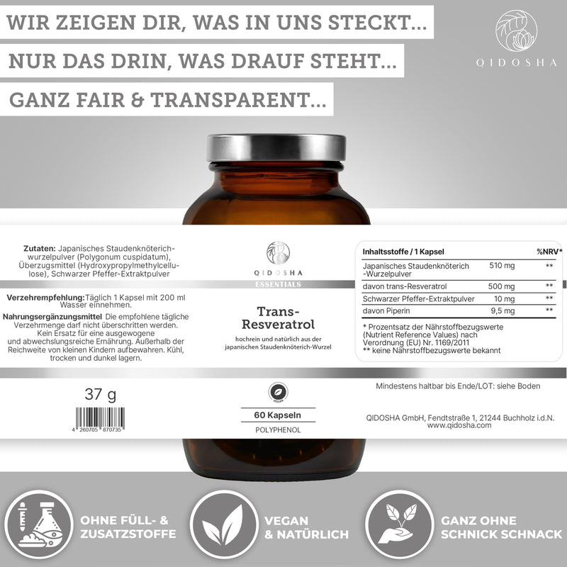 [Australia] - QIDOSHA® Resveratrol capsules, rated VERY GOOD, high-dose resveratrol with piperine for increased bioavailability, 500 mg trans resveratrol per capsule, 100% plant-based from Japan. Knotweed 