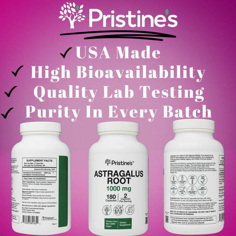 [Australia] - PRISTINE'S Astragalus Root Immune Support Supplement Capsules -1000mg 90 Day Supply Herbal Adaptogen - Healthy Aging, Heart & Lung Health 