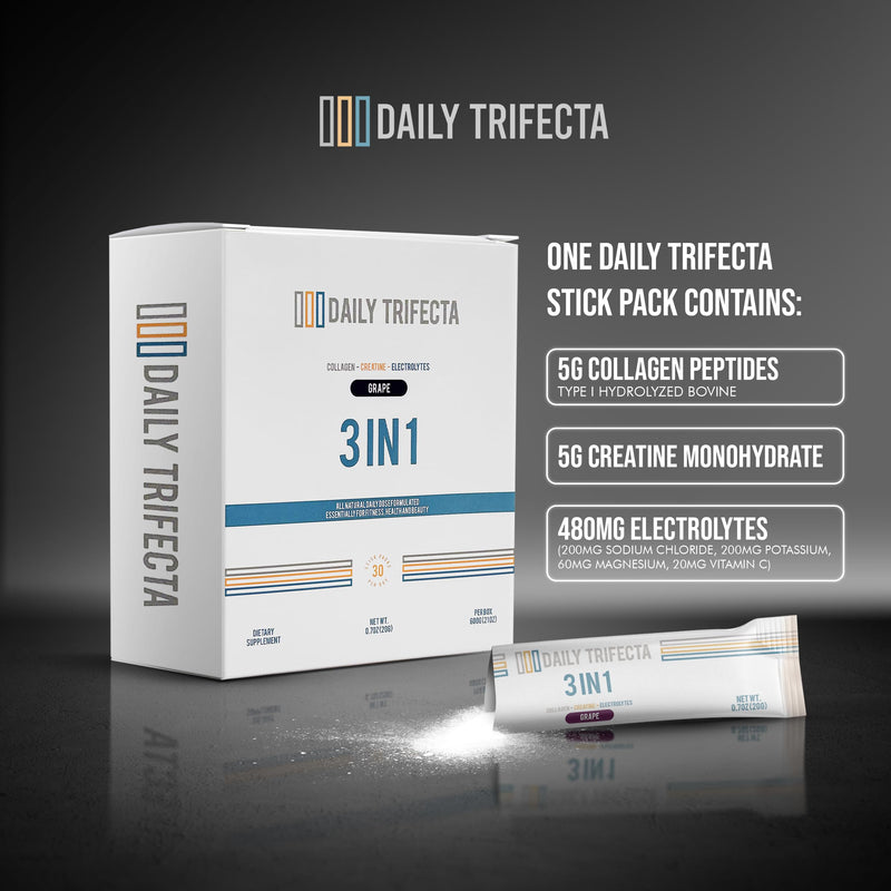 DAILY TRIFECTA 3-in-1 Collagen, Creatine & Electrolyte, Pineapple | Type I Collagen, Creatine Monohydrate, Zero Sugar, 30 Natural Single-Serve Packets, Strength, Hydration & Recovery