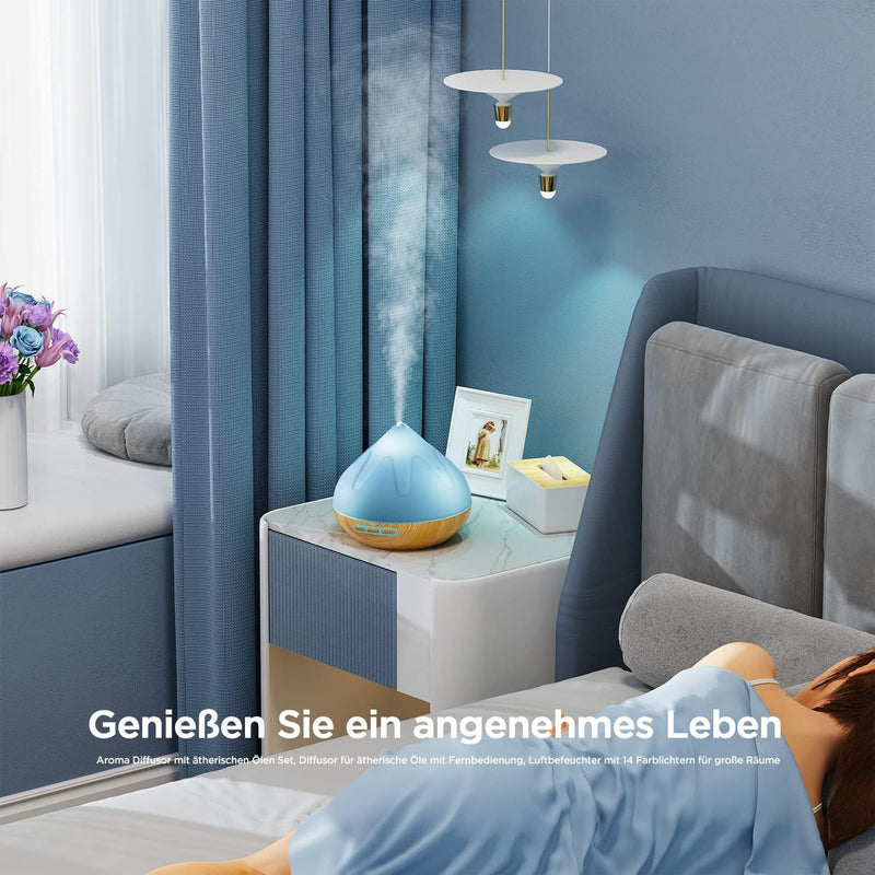 [Australia] - Aroma diffuser set for essential oils 500 ML, 8 x 10 ML essential oils, aromatherapy diffuser with remote control, 14 colors LED with 4 timer settings 