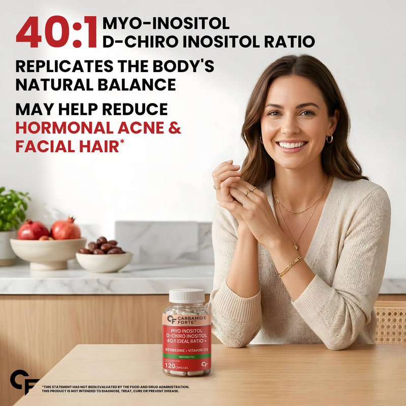 Carbamide Forte Myo Inositol & D Chiro Inositol Supplement | Inositol Supplements with Berberine, l-Methyl Folate, Vitamin D3 & Selenium | Ideal 40:1 Ratio - 120 Capsules 120 Count (Pack of 1)