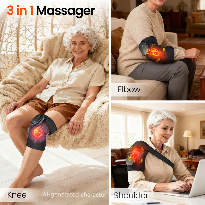 Heated Knee Massager Vibration Cordless Knee Brace， 3-in-1 Heating Pad for Elbow Shoulder， 3 Heat Levels and 3 Massage Heads Knee Brace Wrap Gifts for Mom Dad Black-1pack