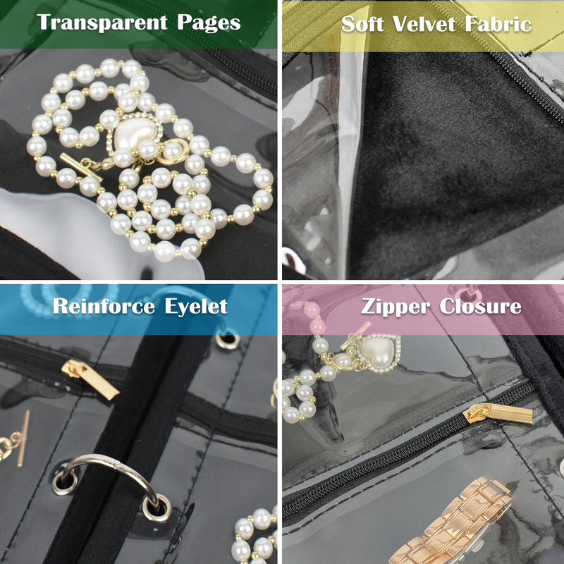 Travel Jewelry Organizer Case with Zipper Velvet Pouch and Jewelry Storage Book Binder For Earrings, Rings, Necklace, Bracelet