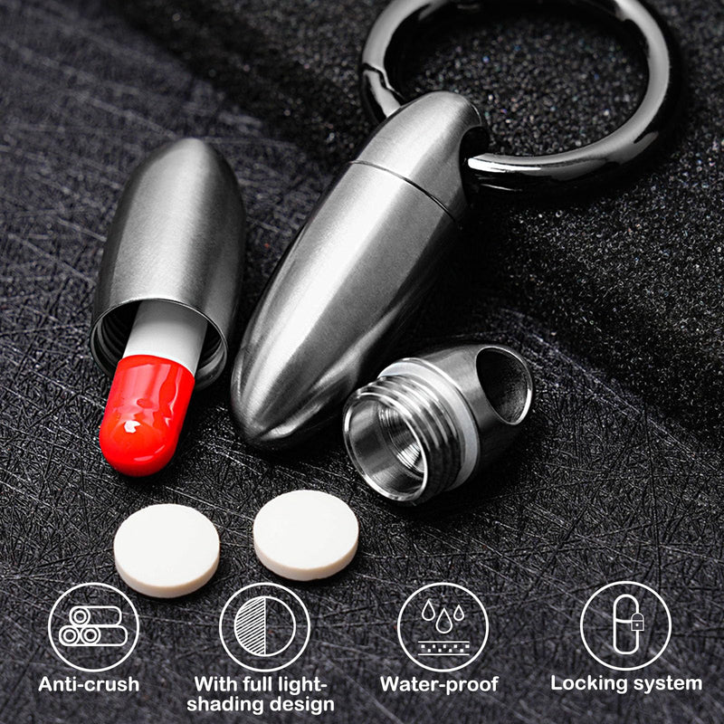 Mini Titanium Pill Holder Keychain, Waterproof EDC Pill Container Organizer for Travel, Pocket, Purse - Silver Bullet-Shaped Metal Medicine Case for Medicine & Vitamins - A 1PC