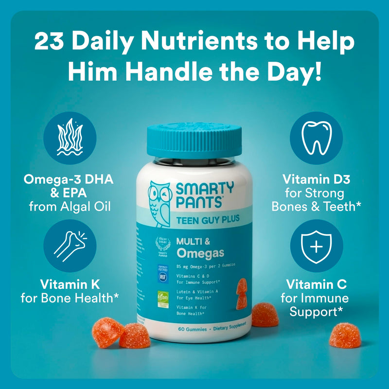 SmartyPants Teen Guy Plus Multi & Omegas Multivitamin Gummies with Omega 3 DHA/EPA, Vitamins D3, C, B12, B6, A, K, Zinc, Folate, Gluten Free, Clean Label, Pineapple Orange, 60 Gummies (30 Day Supply) 1 Count (Pack of 1) Multi + Omega